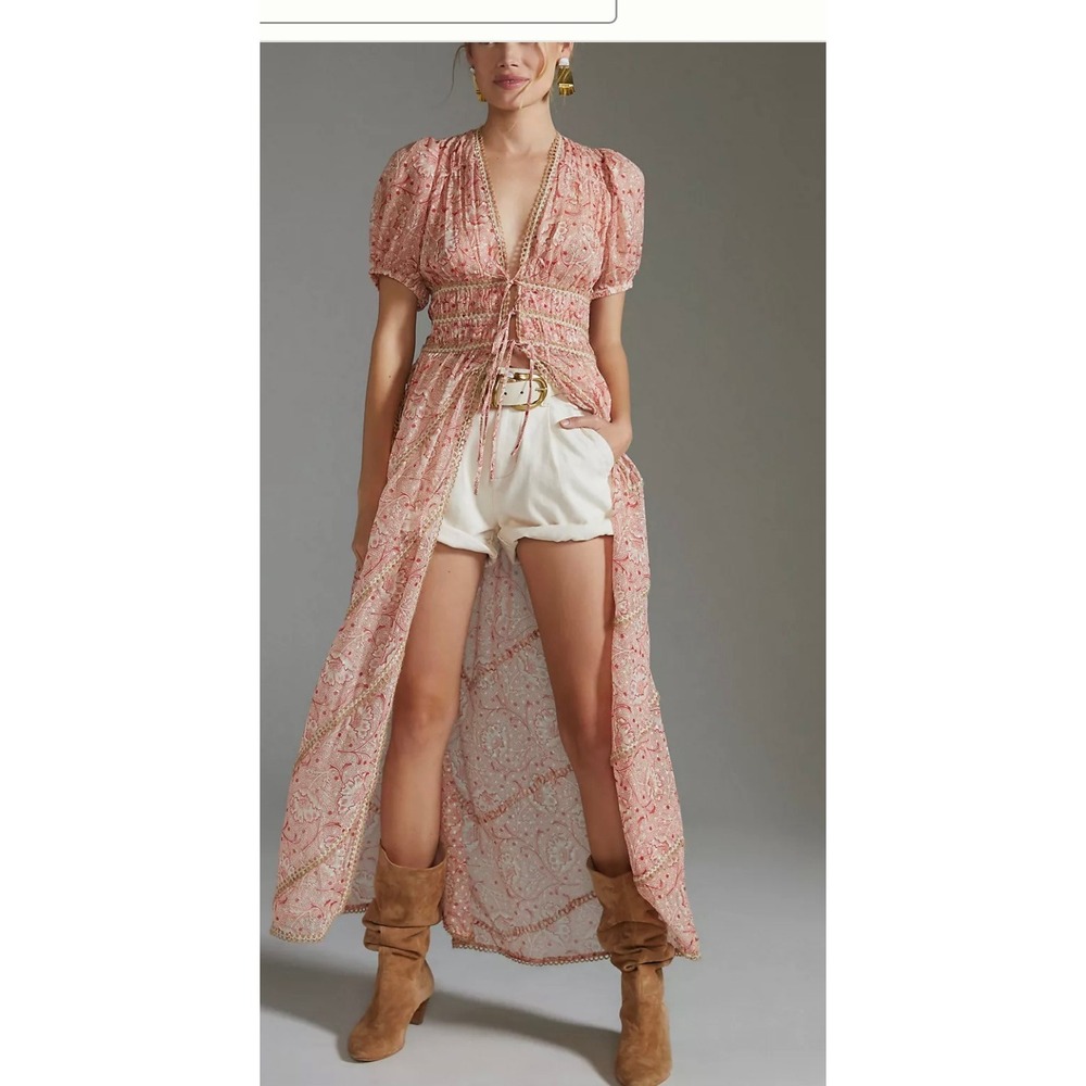 Forever That Girl Let Me Be Tie-Front Duster Red Paisley Lace Trim Maxi XS